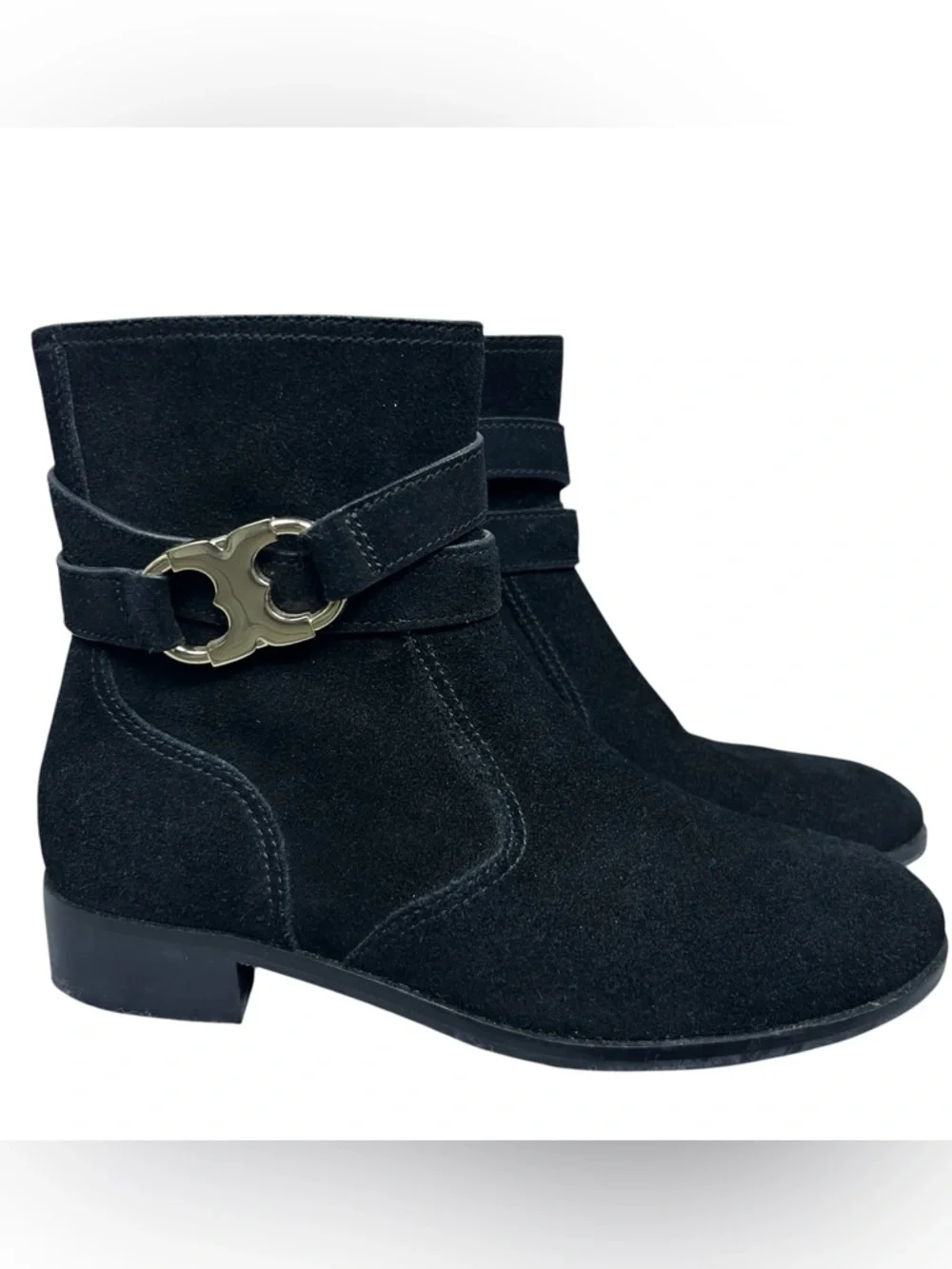 Tory Burch Gemini Suede Ankle Boots Size 7 US Black Gold Logo Luxury Minimalist